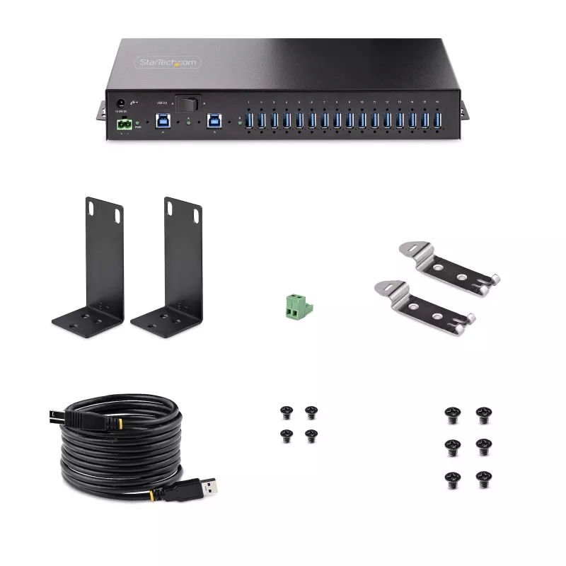 StarTech.com 16 prievadų pramoninis USB 3.0 šakotuvas 5 Gbps, metalinis, montuojamas ant DIN bėgelio/paviršiaus/stovo, ESD apsauga, maitinimas per gnybtų bloką, iki 120 W bendras USB įkrovimas, dviejų pagrindinių įrenginių šakotuvas/jungiklis