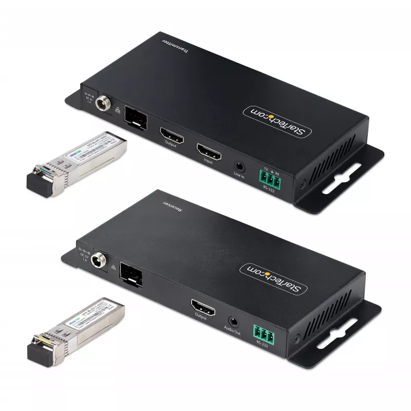 StarTech.com 4K HDMI pluošto ilgintuvo rinkinys, 4K 60Hz iki 3300 pėdų/1 km (vienmodis) arba 1000 pėdų/300 m (daugiamodis) LC šviesolaidis, HDR, HDCP, 3,5 mm garso/RS232/IR ilgintuvas, siųstuvo ir imtuvo rinkinys