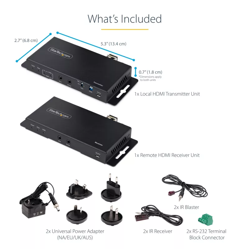 StarTech.com 4K HDMI pluošto ilgintuvo rinkinys, 4K 60Hz iki 3300 pėdų/1 km (vienmodis) arba 1000 pėdų/300 m (daugiamodis) LC šviesolaidis, HDR, HDCP, 3,5 mm garso/RS232/IR ilgintuvas, siųstuvo ir imtuvo rinkinys