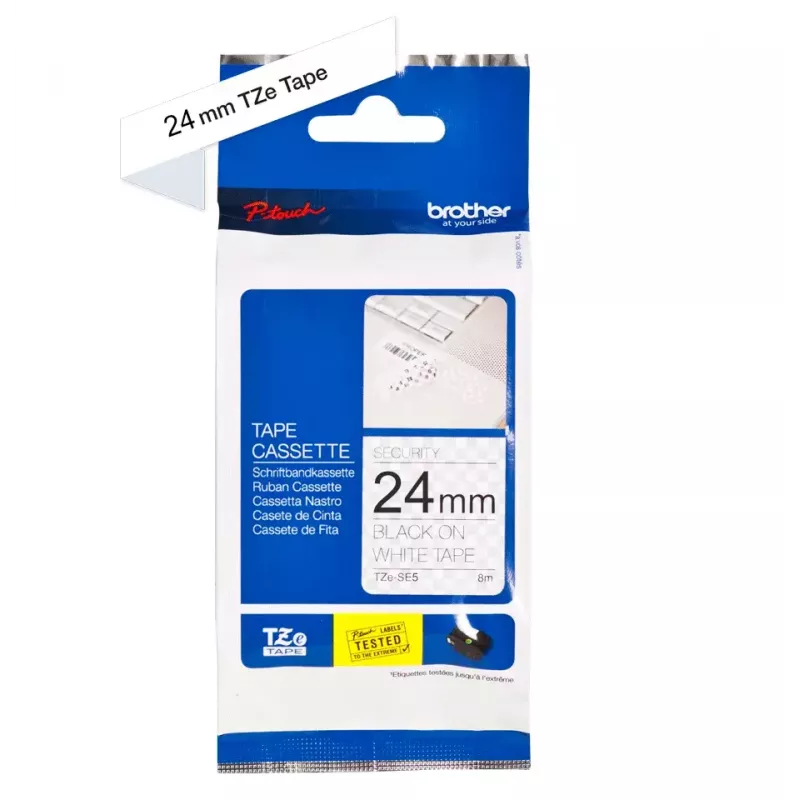 Etikečių gamybos juostelė Brother TZE-SE5 — 24 mm x 8 m, juoda ant balto