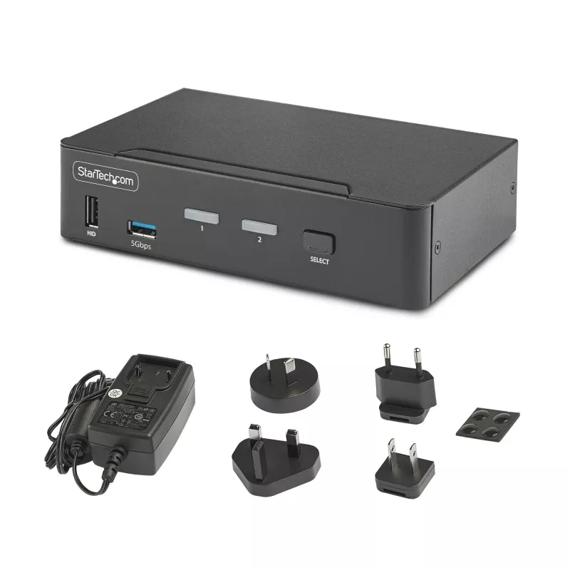 StarTech.com 2 prievadų DisplayPort KVM jungiklis, 8K 60Hz / 4K 144Hz, vienas ekranas, DP 1.4, 2x USB 3.0 prievadai, 4x USB 2.0 HID prievadai, mygtukinis ir sparčiųjų klavišų perjungimas, TAA atitiktis – OS nepriklausomas, metalinis korpusas
