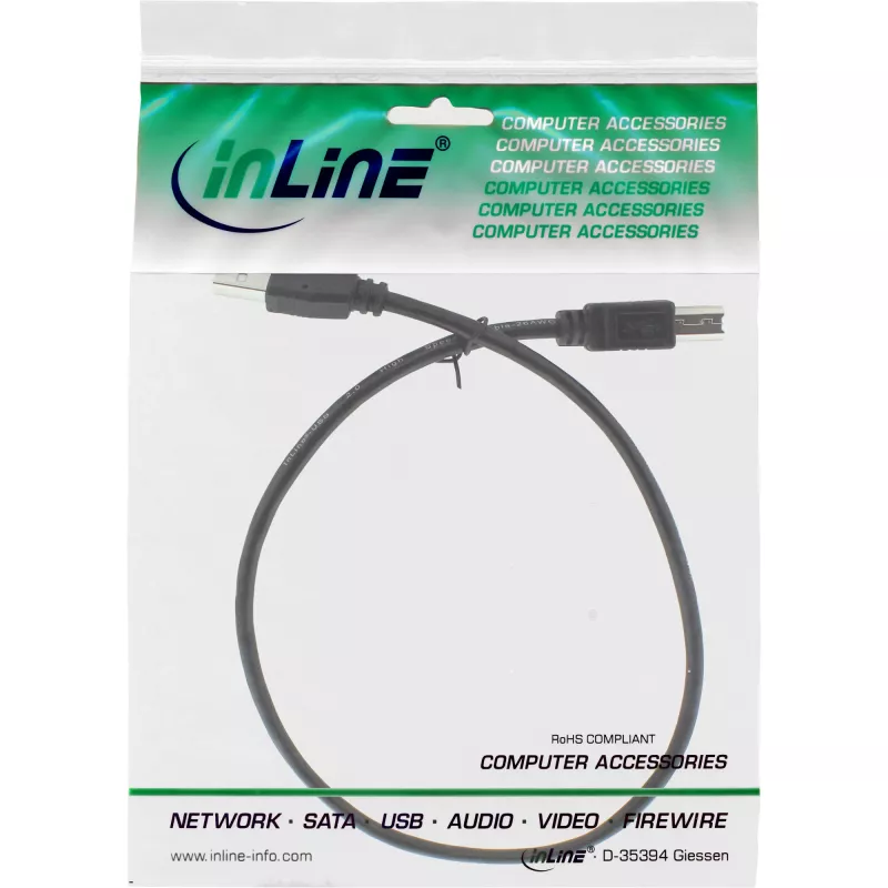 USB 2.0 laidas A tipo kištukinis / B tipo kištukinis juodas 0,5 m InLine 34550X