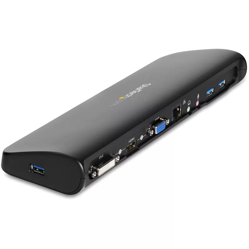 StarTech.com dviejų monitorių USB 3.0 prijungimo stotelė su HDMI ir DVI/VGA~Dviejų monitorių USB 3.0 nešiojamojo kompiuterio prijungimo stotelė su HDMI/DVI/VGA, 3x USB-A šakotuvu, GbE, garso įranga, universali A tipo prijungimo stotelė, skirta Windows/macOS/ChromeOS – atitinka TAA