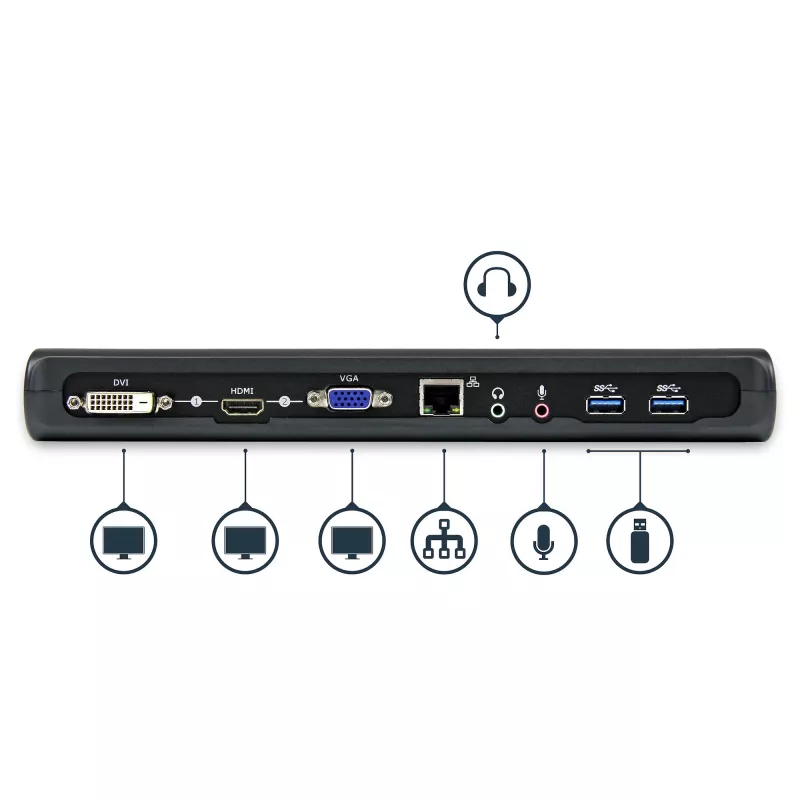 StarTech.com dviejų monitorių USB 3.0 prijungimo stotelė su HDMI ir DVI/VGA~Dviejų monitorių USB 3.0 nešiojamojo kompiuterio prijungimo stotelė su HDMI/DVI/VGA, 3x USB-A šakotuvu, GbE, garso įranga, universali A tipo prijungimo stotelė, skirta Windows/macOS/ChromeOS – atitinka TAA