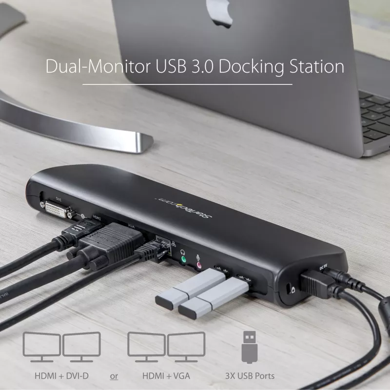 StarTech.com dviejų monitorių USB 3.0 prijungimo stotelė su HDMI ir DVI/VGA~Dviejų monitorių USB 3.0 nešiojamojo kompiuterio prijungimo stotelė su HDMI/DVI/VGA, 3x USB-A šakotuvu, GbE, garso įranga, universali A tipo prijungimo stotelė, skirta Windows/macOS/ChromeOS – atitinka TAA