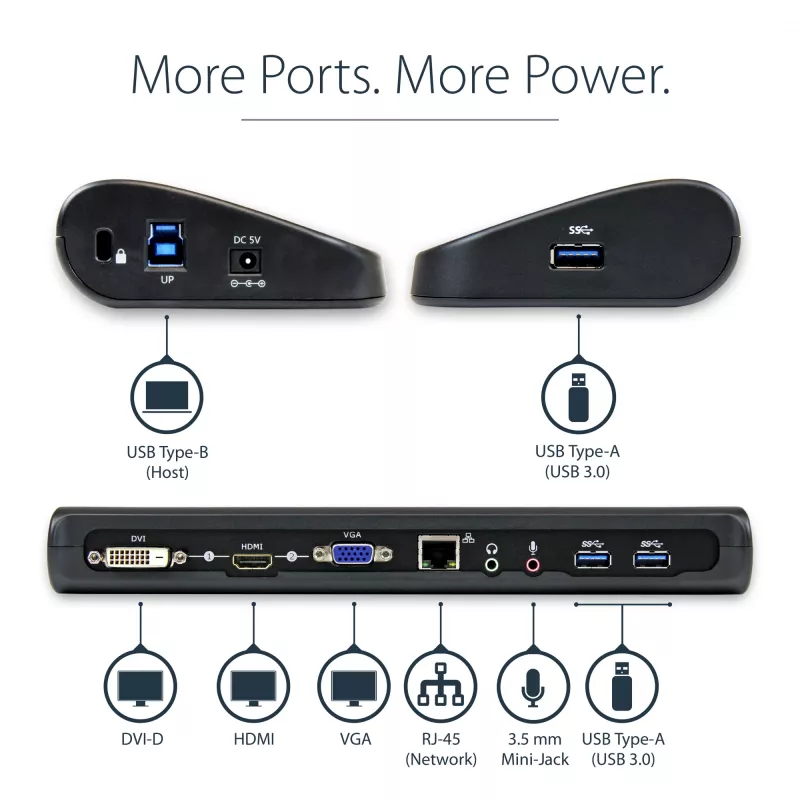 StarTech.com dviejų monitorių USB 3.0 prijungimo stotelė su HDMI ir DVI/VGA~Dviejų monitorių USB 3.0 nešiojamojo kompiuterio prijungimo stotelė su HDMI/DVI/VGA, 3x USB-A šakotuvu, GbE, garso įranga, universali A tipo prijungimo stotelė, skirta Windows/macOS/ChromeOS – atitinka TAA