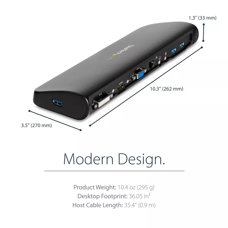 StarTech.com dviejų monitorių USB 3.0 prijungimo stotelė su HDMI ir DVI/VGA~Dviejų monitorių USB 3.0 nešiojamojo kompiuterio prijungimo stotelė su HDMI/DVI/VGA, 3x USB-A šakotuvu, GbE, garso įranga, universali A tipo prijungimo stotelė, skirta Windows/macOS/ChromeOS – atitinka TAA