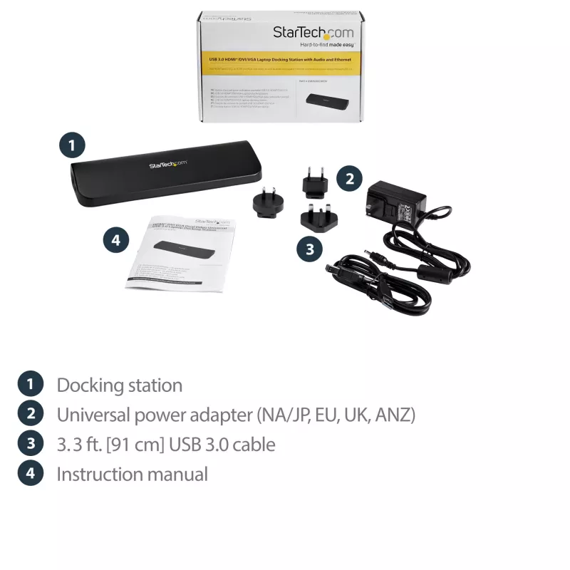 StarTech.com dviejų monitorių USB 3.0 prijungimo stotelė su HDMI ir DVI/VGA~Dviejų monitorių USB 3.0 nešiojamojo kompiuterio prijungimo stotelė su HDMI/DVI/VGA, 3x USB-A šakotuvu, GbE, garso įranga, universali A tipo prijungimo stotelė, skirta Windows/macOS/ChromeOS – atitinka TAA