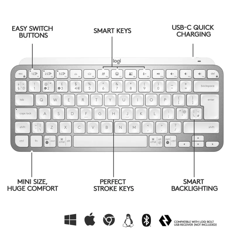 Logitech MX Keys Mini belaidė apšviečiama klaviatūra Mini QWERTY