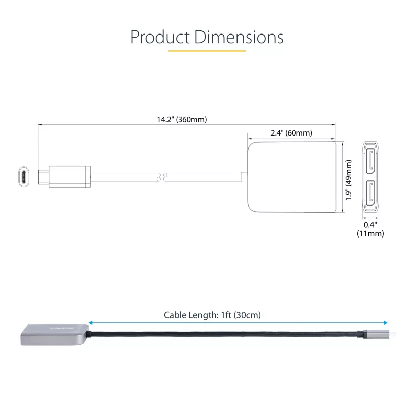 StarTech.com USB-C į dviejų DisplayPort 1.4 adapteris, USB Type-C kelių monitorių MST šakotuvas, dviejų 5K 60 Hz DP nešiojamojo kompiuterio ekrano plėtiklis / skirstytuvas, HDR, itin ilgas integruotas kabelis – tik „Windows“