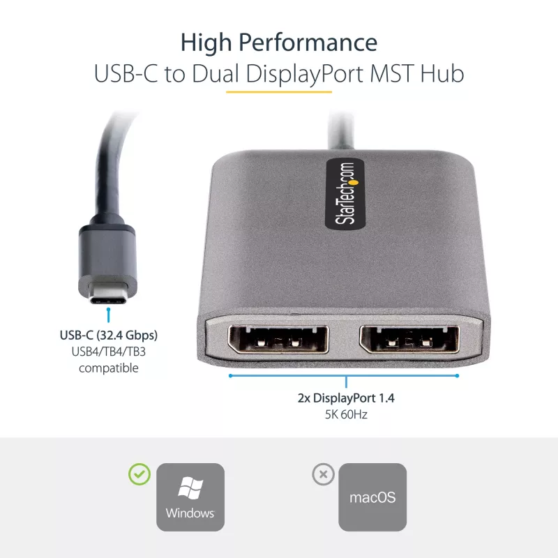 StarTech.com USB-C į dviejų DisplayPort 1.4 adapteris, USB Type-C kelių monitorių MST šakotuvas, dviejų 5K 60 Hz DP nešiojamojo kompiuterio ekrano plėtiklis / skirstytuvas, HDR, itin ilgas integruotas kabelis – tik „Windows“