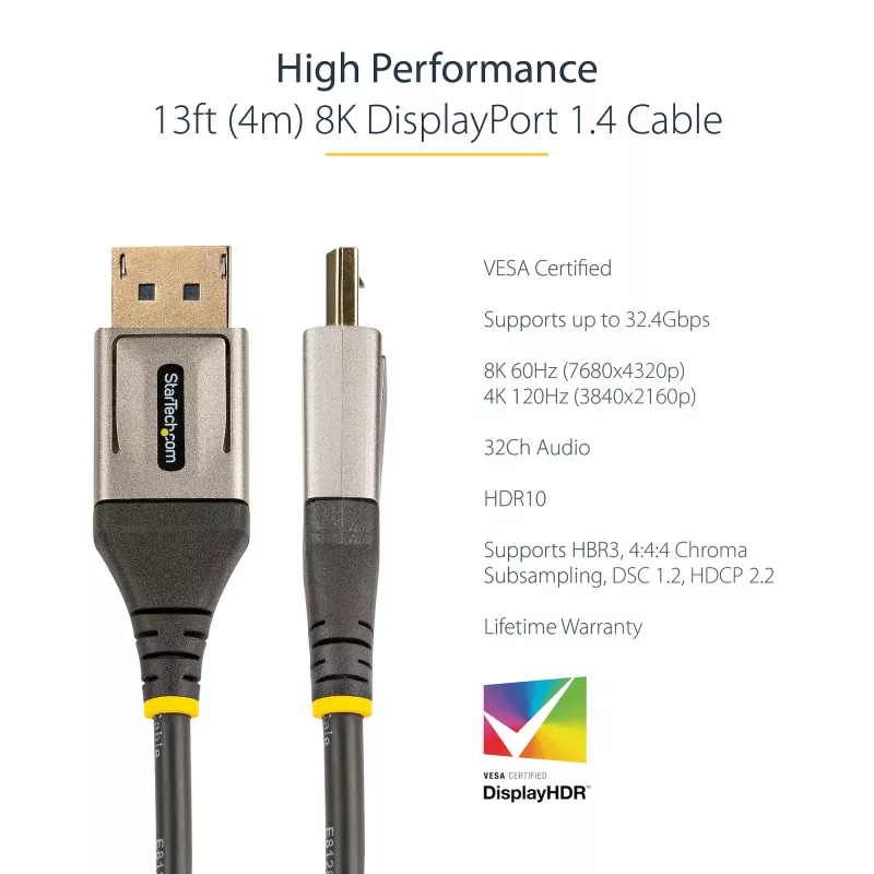 StarTech.com 13 pėdų (4 m) VESA sertifikuotas DisplayPort 1.4 laidas – 8K 60Hz HDR10 – Ultra HD 4K 120Hz vaizdo – DP 1.4 laidas / kabelis – monitoriams / ekranams – DisplayPort į DisplayPort laidas – M/M