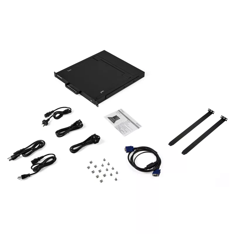 StarTech.com stelažinis KVM pultas - vieno prievado VGA KVM su 17 colių LCD monitoriumi serverio stelažui - pilnai funkcionalus universalus 1U LCD KVM stalčius su kabeliais ir tvirtinimo detalėmis - USB palaikymas - 50 000 MTBF