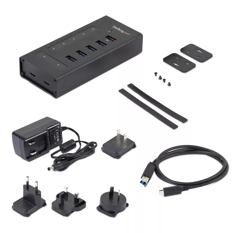 StarTech.com 7 prievadų USB C koncentratorius – USB Type-C į 2x USB-C/5x USB-A – komercinis metalinis USB 3.0 koncentratorius – SuperSpeed USB 3.2 Gen 1 (5 Gbps) – maitinamas iš tinklo – BC 1.2 greitasis įkrovimas – tvirtinamas / patvarus