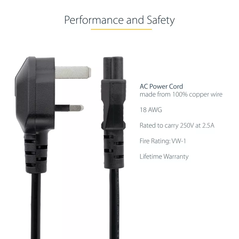 „StarTech.com“ 3 pėdų (1 m) JK nešiojamojo kompiuterio maitinimo laidas, BS 1363 į C5 (dobilėlio lapas), 2,5 A 250 V, 18AWG, JK nešiojamojo kompiuterio pakaitinis laidas, spausdintuvo maitinimo laidas, nešiojamojo kompiuterio įkroviklio laidas, nešiojamojo kompiuterio maitinimo bloko laidas
