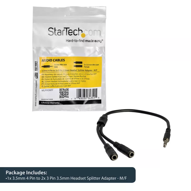 StarTech.com ausinių adapteris ausinėms su atskirais ausinių / mikrofono kištukais – 3,5 mm 4 kontaktų į 2x 3 kontaktų 3,5 mm (V/M)