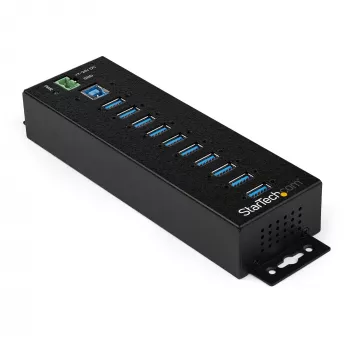 StarTech.com 10 prievadų USB 3.0 šakotuvas su maitinimo adapteriu – metalinis pramoninis USB-A šakotuvas su ESD ir 350 W apsauga nuo viršįtampių – tvirtinamas DIN bėgeliu / prie sienos / po stalu – didelės spartos USB 3.2 Gen 1 (5 Gb/s) šakotuvas