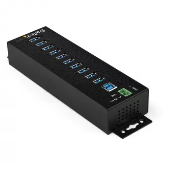 StarTech.com 10 prievadų USB 3.0 šakotuvas su maitinimo adapteriu – metalinis pramoninis USB-A šakotuvas su ESD ir 350 W apsauga nuo viršįtampių – tvirtinamas DIN bėgeliu / prie sienos / po stalu – didelės spartos USB 3.2 Gen 1 (5 Gb/s) šakotuvas