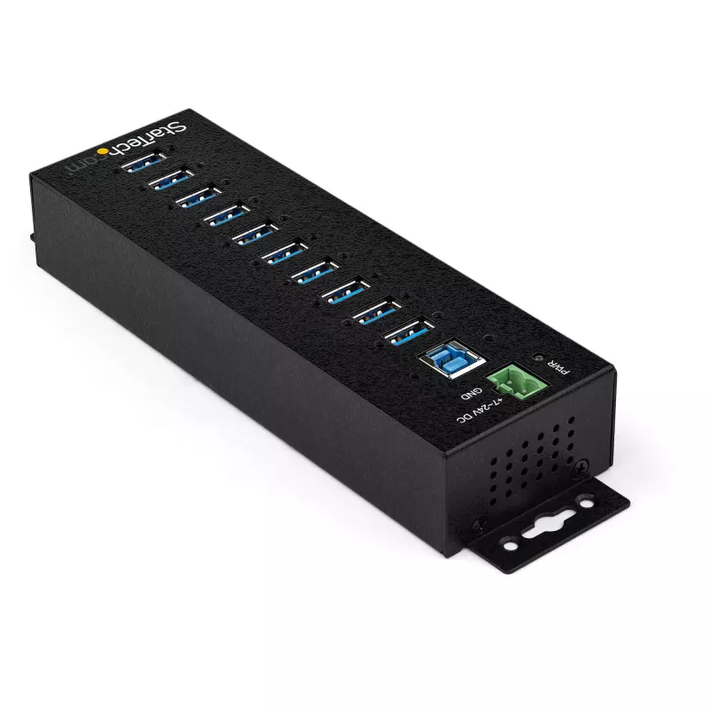 StarTech.com 10 prievadų USB 3.0 šakotuvas su maitinimo adapteriu – metalinis pramoninis USB-A šakotuvas su ESD ir 350 W apsauga nuo viršįtampių – tvirtinamas DIN bėgeliu / prie sienos / po stalu – didelės spartos USB 3.2 Gen 1 (5 Gb/s) šakotuvas