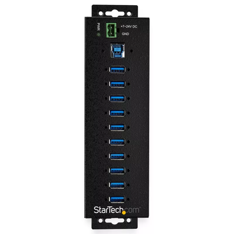 StarTech.com 10 prievadų USB 3.0 šakotuvas su maitinimo adapteriu – metalinis pramoninis USB-A šakotuvas su ESD ir 350 W apsauga nuo viršįtampių – tvirtinamas DIN bėgeliu / prie sienos / po stalu – didelės spartos USB 3.2 Gen 1 (5 Gb/s) šakotuvas