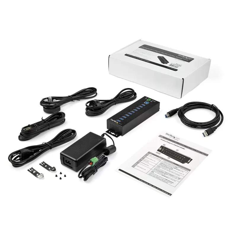 StarTech.com 10 prievadų USB 3.0 šakotuvas su maitinimo adapteriu – metalinis pramoninis USB-A šakotuvas su ESD ir 350 W apsauga nuo viršįtampių – tvirtinamas DIN bėgeliu / prie sienos / po stalu – didelės spartos USB 3.2 Gen 1 (5 Gb/s) šakotuvas