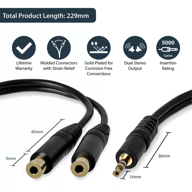 StarTech.com 6 colių stereo skirstytuvo laidas - 3,5 mm kištukas į 2x 3,5 mm lizdus