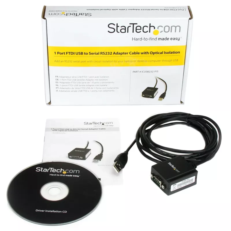 StarTech.com 8,3 pėdų (2,5 m) 1 prievado FTDI USB į nuoseklųjį RS232 adapterio kabelis su optine izoliacija, USB į RS232 adapteris – TAA