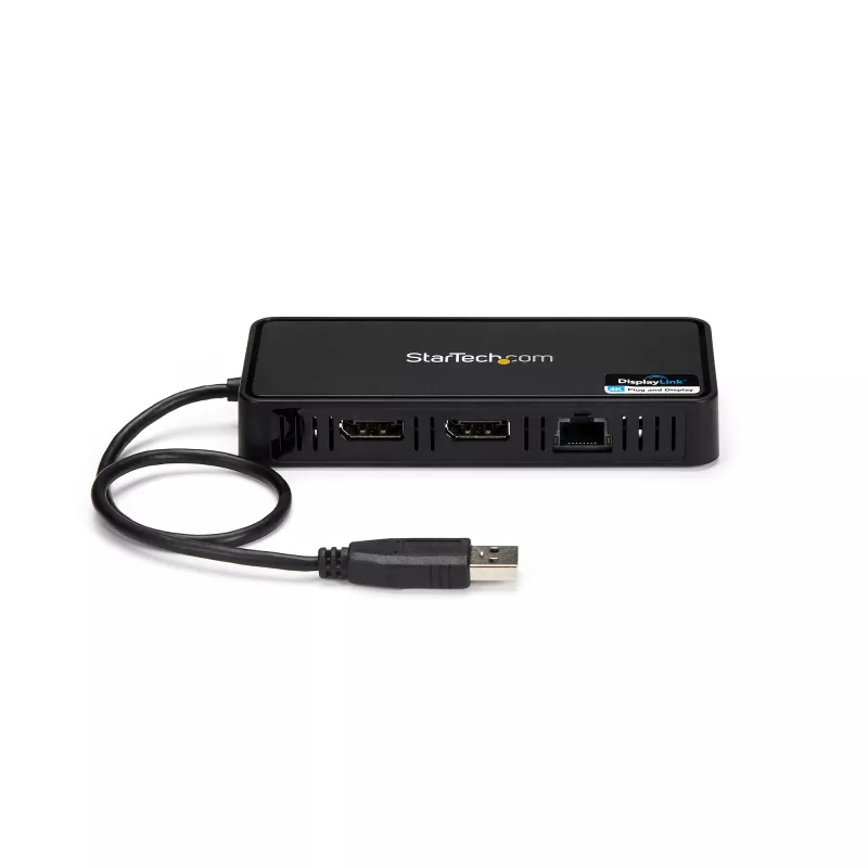 StarTech.com USB 3.0 Mini dokas – dviejų monitorių USB-A dokas su DisplayPort 4K 60Hz vaizdu ir Gigabitiniu eternetu – 1 pėdos (30 cm) kabelis – nešiojamasis USB 3.1 Gen 1 A tipo nešiojamojo kompiuterio adapteris