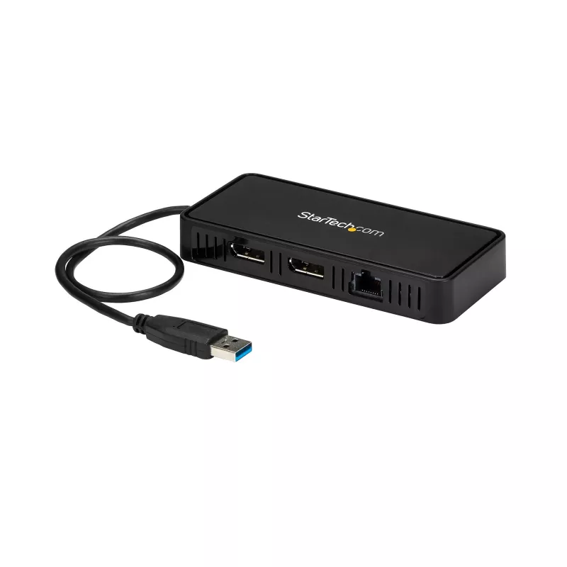 StarTech.com USB 3.0 Mini dokas – dviejų monitorių USB-A dokas su DisplayPort 4K 60Hz vaizdu ir Gigabitiniu eternetu – 1 pėdos (30 cm) kabelis – nešiojamasis USB 3.1 Gen 1 A tipo nešiojamojo kompiuterio adapteris