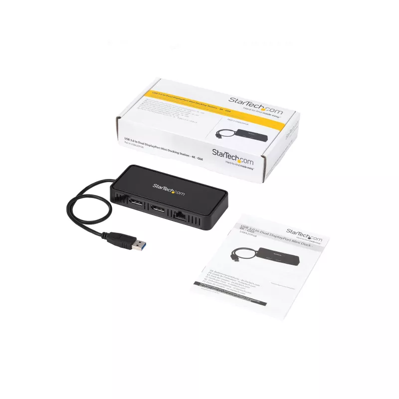 StarTech.com USB 3.0 Mini dokas – dviejų monitorių USB-A dokas su DisplayPort 4K 60Hz vaizdu ir Gigabitiniu eternetu – 1 pėdos (30 cm) kabelis – nešiojamasis USB 3.1 Gen 1 A tipo nešiojamojo kompiuterio adapteris