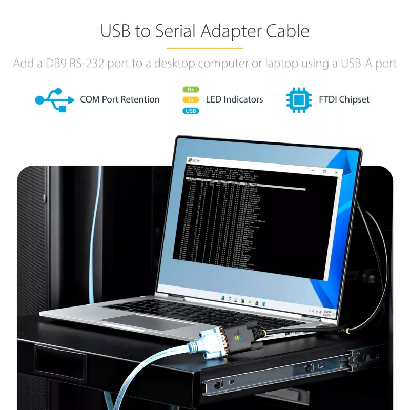 StarTech.com 3 m USB į nuoseklųjį adapterio kabelis, COM išsaugojimas, keičiami varžtai/veržlės, USB-A į DB9 RS232, FTDI IC, ESD apsauga, Windows/macOS/Linux