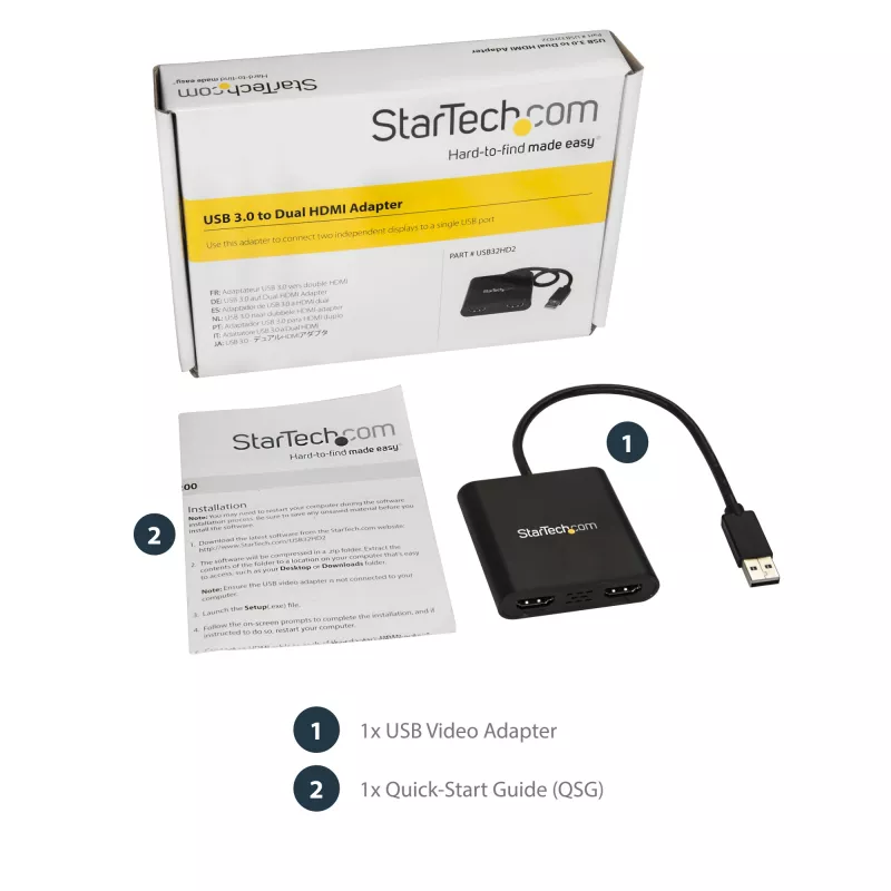 StarTech.com USB 3.0 į dvigubą HDMI adapterį, USB į 2x HDMI monitoriaus keitiklis, skirtas Windows (nepalaiko macOS/ChromeOS/Linux) – TAA