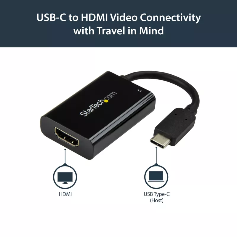 StarTech.com USB-C į HDMI 2.0 adapteris su maitinimo tiekimu – 4K 60Hz USB Type-C į HDMI vaizdo keitiklis – 60W PD pralaidinis įkrovimo prievadas – suderinamas su Thunderbolt 3 – juodas