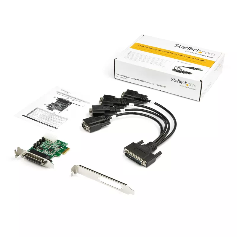 “StarTech.com” 4 prievadų PCI Express RS232 nuosekliojo prievado plokštė - PCIe RS232 nuosekliojo prievado valdiklio plokštė - PCIe į nuoseklųjį DB9 - 16950 UART - žemo profilio išplėtimo plokštė - Windows/Linux - TAA