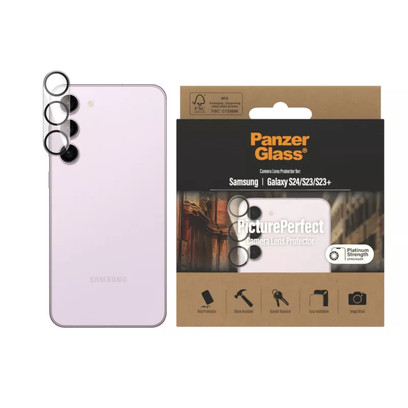 Kameros objektyvo apsauga PanzerGlass Samsung Galaxy S23 S23 Plus atspari įbrėžimams ir smūgiams