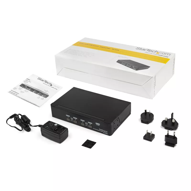 StarTech.com 4 prievadų DisplayPort KVM komutatorius - 4K 60Hz - vienas ekranas - dviejų prievadų UHD DP 1.2 USB KVM komutatorius su integruotu USB 2.0 šakotuvu ir garsu - Dell, HP, Apple, Lenovo - TAA atitinkantis