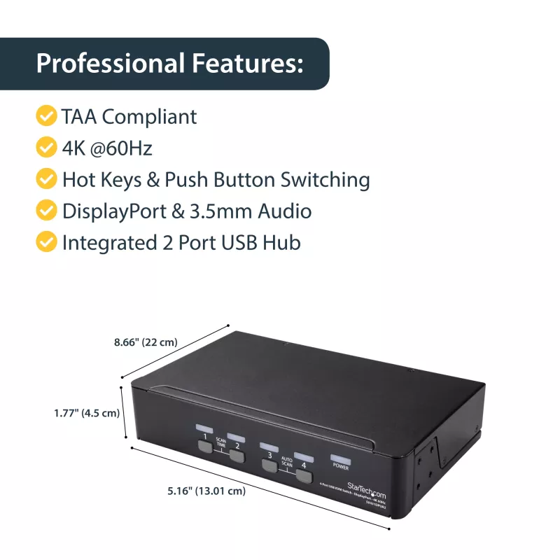 StarTech.com 4 prievadų DisplayPort KVM komutatorius - 4K 60Hz - vienas ekranas - dviejų prievadų UHD DP 1.2 USB KVM komutatorius su integruotu USB 2.0 šakotuvu ir garsu - Dell, HP, Apple, Lenovo - TAA atitinkantis