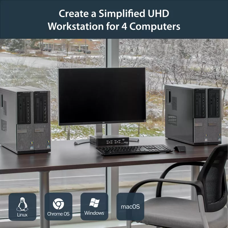 StarTech.com 4 prievadų DisplayPort KVM komutatorius - 4K 60Hz - vienas ekranas - dviejų prievadų UHD DP 1.2 USB KVM komutatorius su integruotu USB 2.0 šakotuvu ir garsu - Dell, HP, Apple, Lenovo - TAA atitinkantis