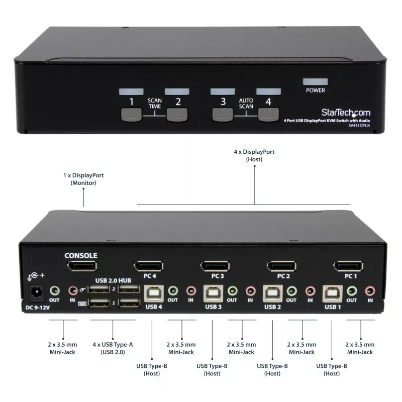 StarTech.com 4 prievadų DisplayPort KVM komutatorius - 4K 60Hz - vienas ekranas - dviejų prievadų UHD DP 1.2 USB KVM komutatorius su integruotu USB 2.0 šakotuvu ir garsu - Dell, HP, Apple, Lenovo - TAA atitinkantis