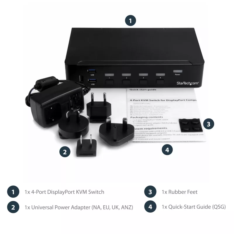StarTech.com 4 prievadų DisplayPort KVM komutatorius - 4K 60Hz - vienas ekranas - dviejų prievadų UHD DP 1.2 USB KVM komutatorius su integruotu USB 2.0 šakotuvu ir garsu - Dell, HP, Apple, Lenovo - TAA atitinkantis