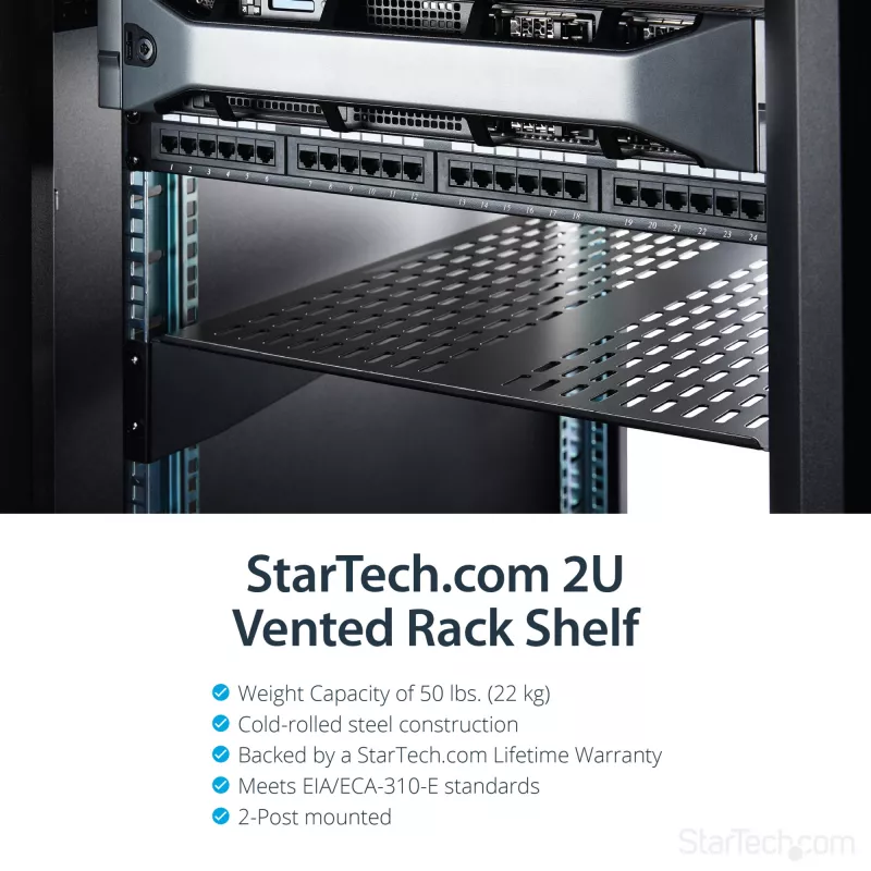 StarTech.com 2U serverio stovo lentyna – universali ventiliuojama stovo montavimo konsolinė dėkla 19 colių tinklo įrangos stovui ir spintai – tvirtas plienas – keliamoji galia 50 svarų / 23 kg – 22 colių gylio lentyna, juoda