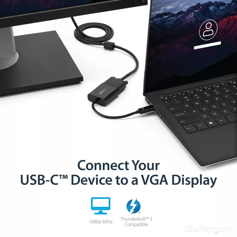 StarTech.com USB-C į VGA adapteris - Juodas - 1080p - Vaizdo keitiklis jūsų MacBook Pro - USB C į VGA ekrano dongle'as - Atnaujinta versija CDP2VGAEC