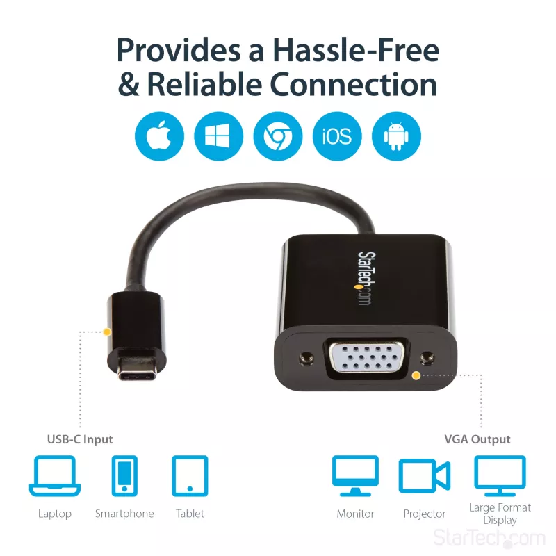 StarTech.com USB-C į VGA adapteris - Juodas - 1080p - Vaizdo keitiklis jūsų MacBook Pro - USB C į VGA ekrano dongle'as - Atnaujinta versija CDP2VGAEC