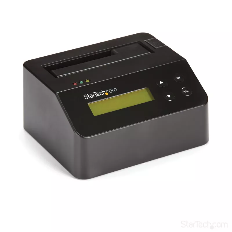 StarTech.com Vienos vietos kietųjų diskų trintuvas, atskiras HDD/SSD valytuvas, USB 3.0 į SATA II (3 Gbps), 9 trynimo režimai, LCD ekranas, saugaus trynimo kietųjų diskų valymo dokas, DB-9 spausdintuvo prievadas, atitinka TAA