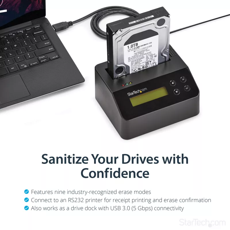 StarTech.com Vienos vietos kietųjų diskų trintuvas, atskiras HDD/SSD valytuvas, USB 3.0 į SATA II (3 Gbps), 9 trynimo režimai, LCD ekranas, saugaus trynimo kietųjų diskų valymo dokas, DB-9 spausdintuvo prievadas, atitinka TAA