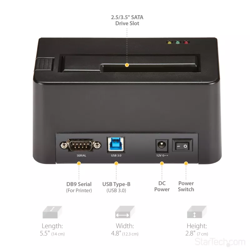 StarTech.com Vienos vietos kietųjų diskų trintuvas, atskiras HDD/SSD valytuvas, USB 3.0 į SATA II (3 Gbps), 9 trynimo režimai, LCD ekranas, saugaus trynimo kietųjų diskų valymo dokas, DB-9 spausdintuvo prievadas, atitinka TAA