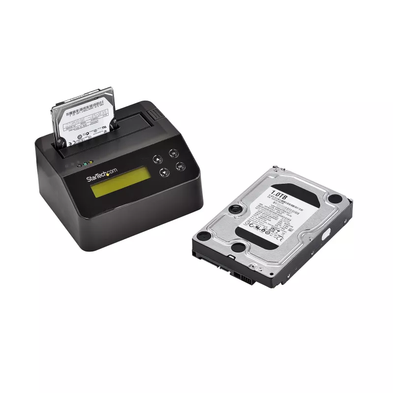 StarTech.com Vienos vietos kietųjų diskų trintuvas, atskiras HDD/SSD valytuvas, USB 3.0 į SATA II (3 Gbps), 9 trynimo režimai, LCD ekranas, saugaus trynimo kietųjų diskų valymo dokas, DB-9 spausdintuvo prievadas, atitinka TAA