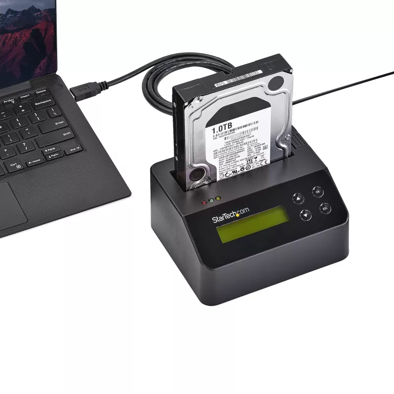 StarTech.com Vienos vietos kietųjų diskų trintuvas, atskiras HDD/SSD valytuvas, USB 3.0 į SATA II (3 Gbps), 9 trynimo režimai, LCD ekranas, saugaus trynimo kietųjų diskų valymo dokas, DB-9 spausdintuvo prievadas, atitinka TAA