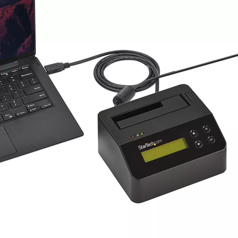 StarTech.com Vienos vietos kietųjų diskų trintuvas, atskiras HDD/SSD valytuvas, USB 3.0 į SATA II (3 Gbps), 9 trynimo režimai, LCD ekranas, saugaus trynimo kietųjų diskų valymo dokas, DB-9 spausdintuvo prievadas, atitinka TAA