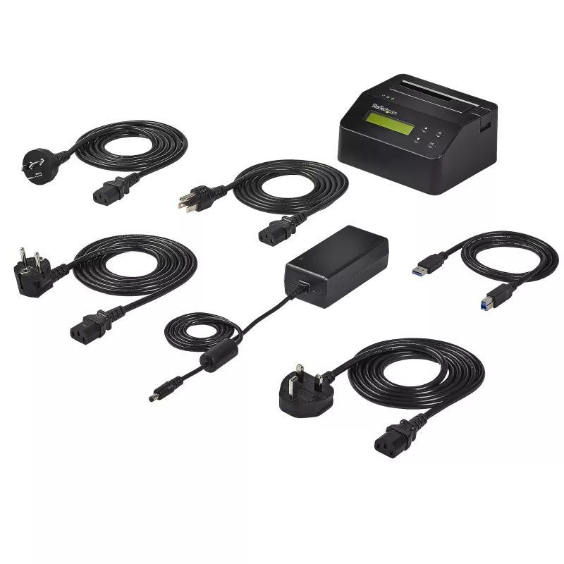 StarTech.com Vienos vietos kietųjų diskų trintuvas, atskiras HDD/SSD valytuvas, USB 3.0 į SATA II (3 Gbps), 9 trynimo režimai, LCD ekranas, saugaus trynimo kietųjų diskų valymo dokas, DB-9 spausdintuvo prievadas, atitinka TAA